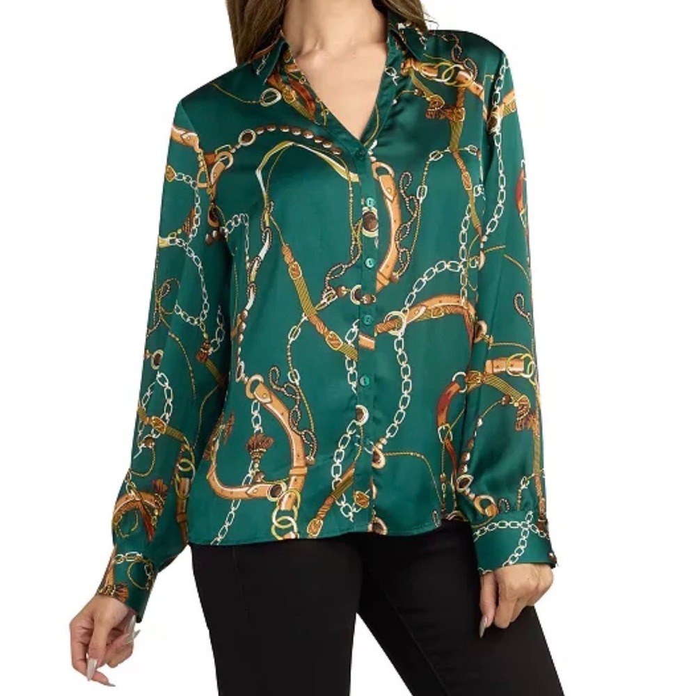 Macy's Emerald Green Chain Print Satin Blouse